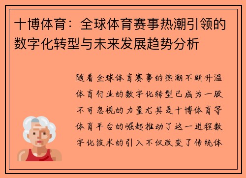 十博体育：全球体育赛事热潮引领的数字化转型与未来发展趋势分析